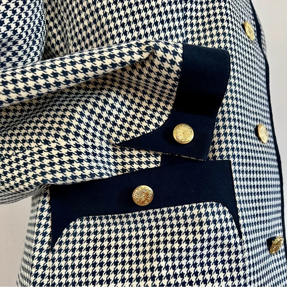 Collarless Leather‎ Feel Jacket Blazer Full Lined Navy White Lattice